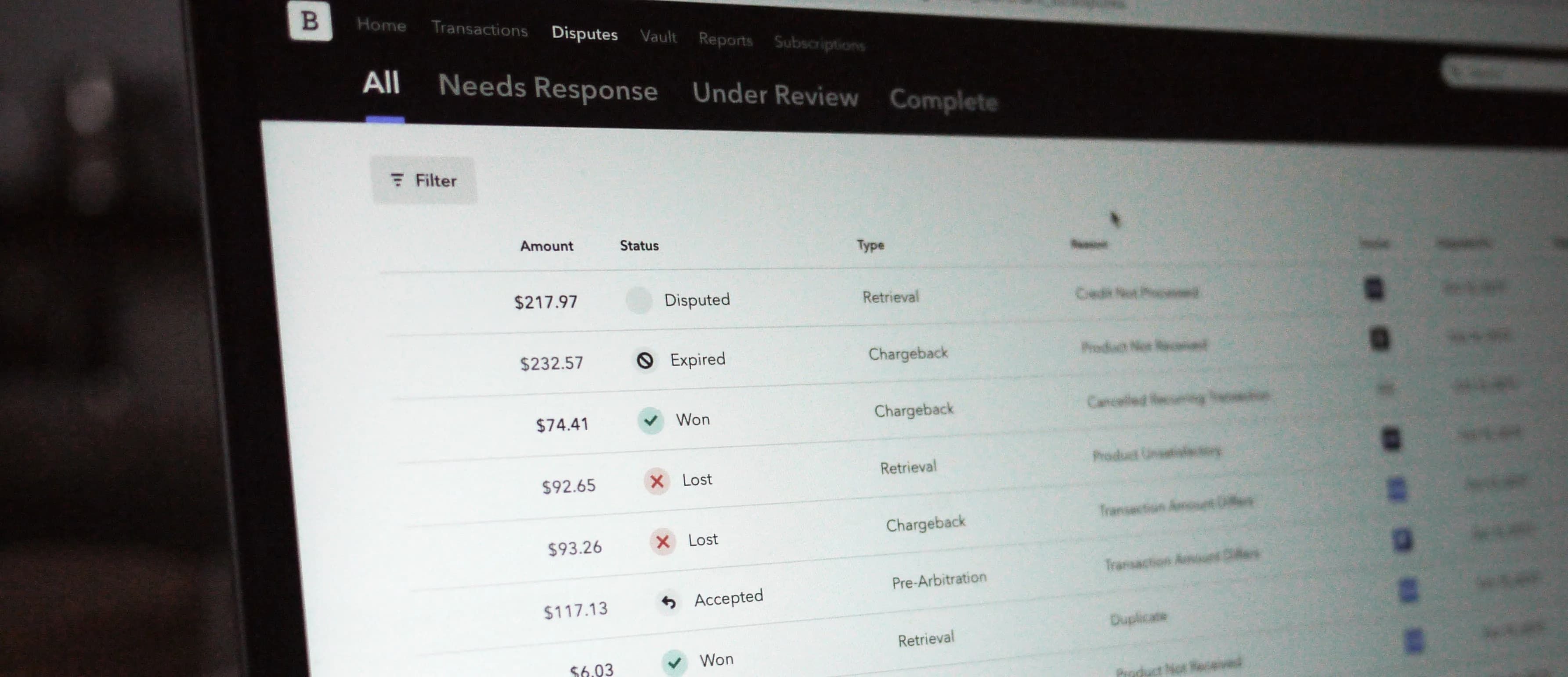 Disputes overview in the Braintree control panel