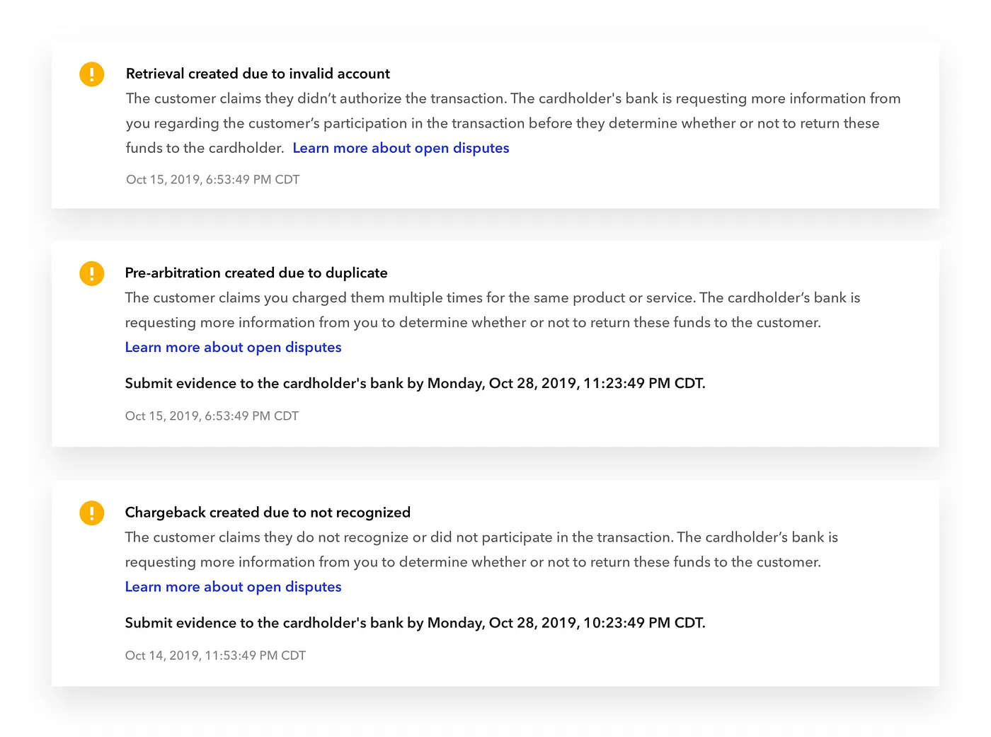 Dispute status descriptions and reasons