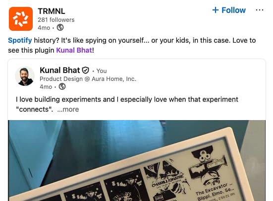 TRMNL social repost of the Spotify dashboard